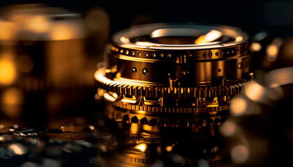 Antique camera lens focuses on metal shutter generated by AI