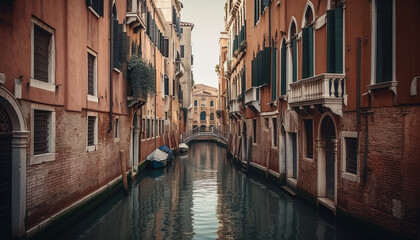 Obraz na płótnie Canvas Venetian gondolier rows through majestic sunset canal generated by AI