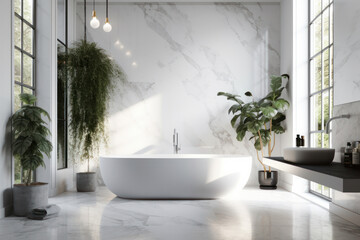 Naklejka na ściany i meble A bright and inviting white bathtub placed next to a window, providing natural light and a tranquil atmosphere. The perfect space for a refreshing and rejuvenating soak. AI Generative.