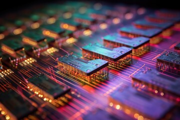 electronic circuit board close up, microcircuit in an illuminated motherboard, integrated microchip processor, generative AI