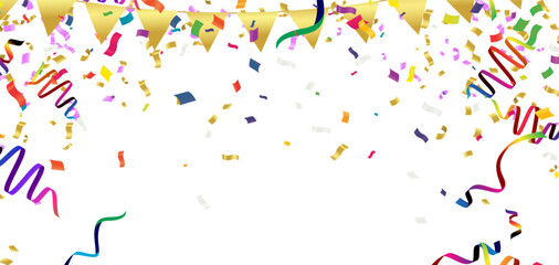 Celebration background with confetti and ribbons. Vector illustration.