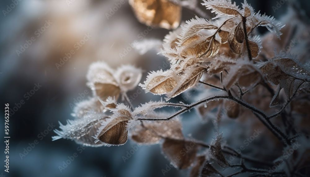 Sticker Frosty leaf on frozen branch in winter generated by AI