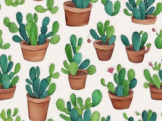 pattern of cacti in the pot, watercolor