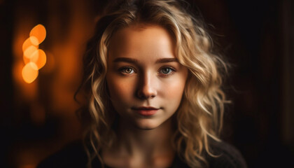 Beautiful young woman with curly brown hair smiling generated by AI