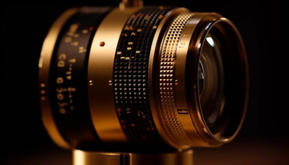 Fototapeta na wymiar Selective focus on antique camera shiny metal lens generated by AI