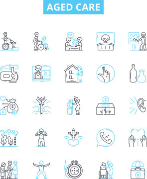 Aged Care Vector Line Icons Set. Aging, Care, Elderly, Assisted, Supportive, Nursing, Retirement Illustration Outline Concept Symbols And Signs