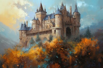 Castle in the blue sky. Generative AI.