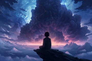 Fototapeta premium Silhouette of a man on the mountain at night colorful sky. Generative AI.