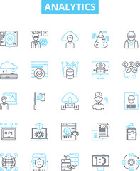 Analytics vector line icons set. Analytics, Measurement, Reporting, Statistics, Tracking, Evaluation, Metrics illustration outline concept symbols and signs