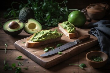 A healthy avocado on the bread for breakfast. Generative AI.