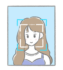 Face authentication system, woman doing face authentication Simple and cute hand-drawn illustration / 顔認証システム、顔認証をする女性  シンプルでかわいい手描きイラスト