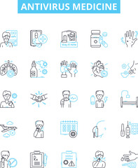 Antivirus medicine vector line icons set. Antiviral, Medicine, Security, Protection, Virus, Software, Shield illustration outline concept symbols and signs