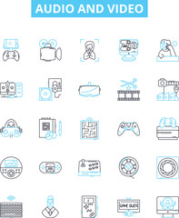 audio and video vector line icons set. Audio, Video, Sound, Music, Podcast, Radio, Broadcasting illustration outline concept symbols and signs
