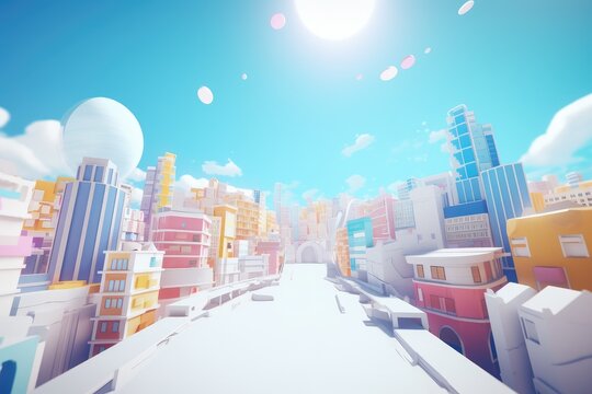 A bright city skyline buildings with strong sunlight and blue sky. Generative AI. 