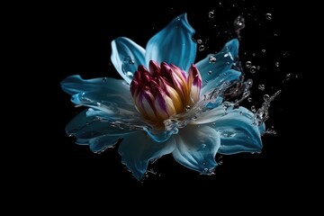 Flower with water splashes. Generative AI.