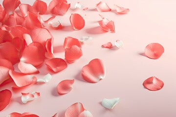 Pink and red rose petals at the pastel color background. Generative AI.