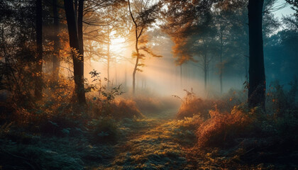Mysterious autumn forest tranquil sunrise fiery foliage generated by AI