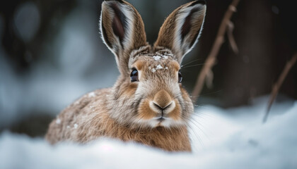 Fluffy hare sits in snow cute portrait generated by AI
