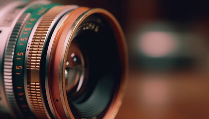 Fototapeta na wymiar Antique camera lens captures old fashioned film image generated by AI