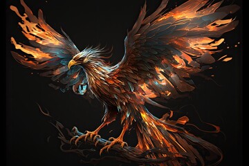 Phoenix with the fire on the black background. Generative AI.