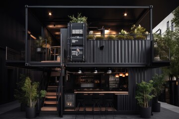 Black container cafe with plants. Generative AI.
