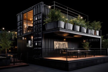 Black container cafe with plants. Generative AI.