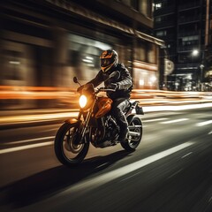 rider on a motorcycle at night of city.