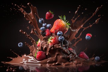 Strawberry and blueberry with chocolate splashes. Generative AI.