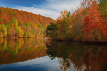 Reflection of mountains in lake in autumn.