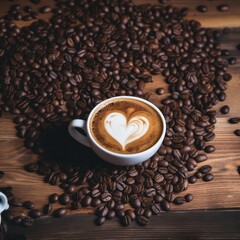 cup of coffee with beans on wooden table.