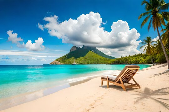 Beautiful tropical beach with white sand and two sun loungers on background of turquoise ocean and blue sky with clouds. Frame of palm leaves and flowers. Perfect landscape for relaxing vacation