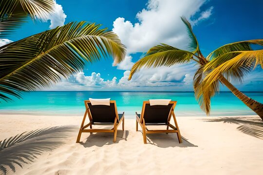 Beautiful tropical beach with white sand and two sun loungers on background of turquoise ocean and blue sky with clouds. Frame of palm leaves and flowers. Perfect landscape for relaxing vacation