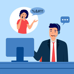 Customer complaint via call center service in flat design. Angry customer on phone.