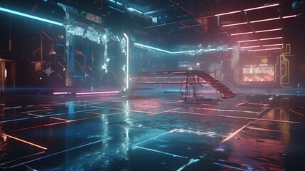 futuristic stage with neon lights, digital art illustration, Generative AI