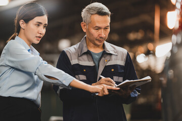 Asian woman customer talking with professional mechanic worker or workshop owner, client checking a maintenance job with garage automobile technician, business of car repair transportation service