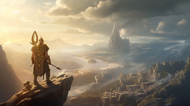 futuristic viking stands atop a mountain, digital art illustration, Generative AI