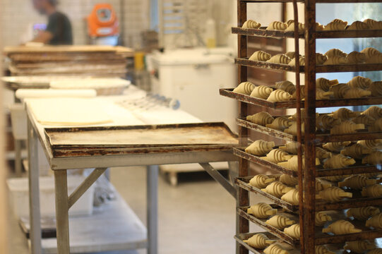 paes que vao ao forno nas prateleiras da padaria