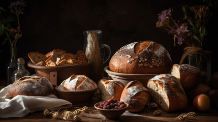 Obraz na płótnie Canvas An assortment of freshly baked artisan bread. Generative AI