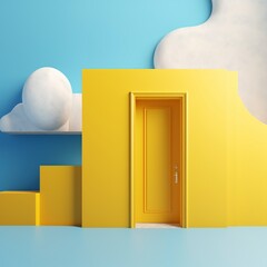 abstract background including white clouds, blue sky, and yellow doors.