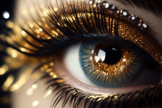 Jeweled Woman's Eye with Gold Makeup - Macro Closeup Illustration - Generative AI