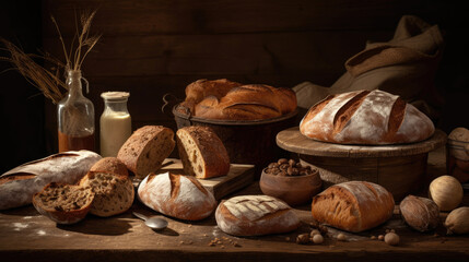 An assortment of freshly baked artisan bread. Generative AI