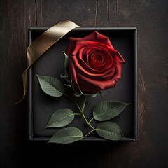 red rose and gift box on wooden background.