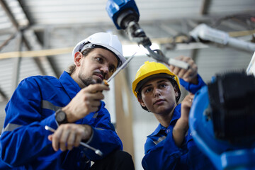 Robotic technicians tighten and loosen components with screwdriver and plier to perform safety...