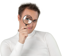 Portrait of young businessman with magnifying glass in white sweater with hairstyle isolated on white background