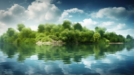 Obraz premium Pristine, crystal-clear lake surrounded by lush, verdant foliage, reflecting the sky and clouds. Generative AI
