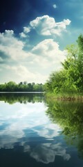 Obraz premium Pristine, crystal-clear lake surrounded by lush, verdant foliage, reflecting the sky and clouds. Generative AI