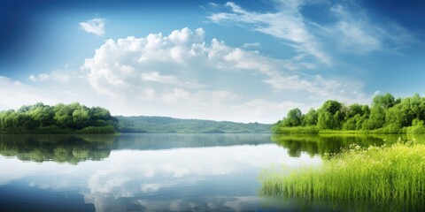Obraz na płótnie Canvas Pristine, crystal-clear lake surrounded by lush, verdant foliage, reflecting the sky and clouds. Generative AI