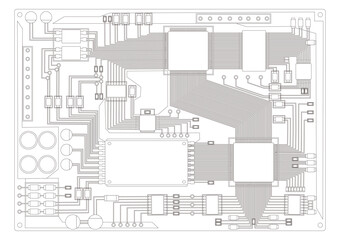 電子部品が集まった電子基板の線画イラスト