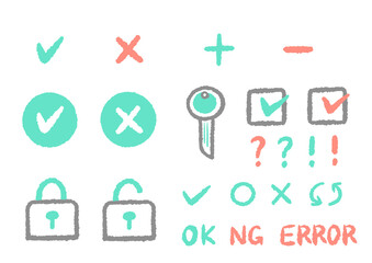 Check mark, security icon set Simple and cute hand drawn illustration / チェックマーク、セキュリティのアイコンセット シンプルでかわいい手描きイラスト