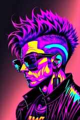 DJ in action, Cyberpunk Man with Glasses, DJ in headphones, Person in the night, Man in the club, Neon Party, Generative AI
